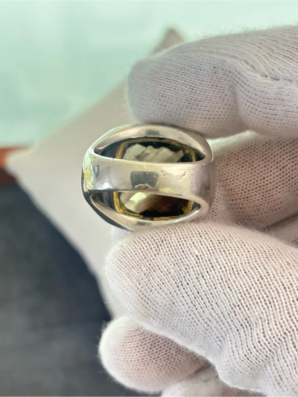David Yurman 925 & 18k Gold 14mm Albion Ring with Smoky Quartz & Diamonds 7